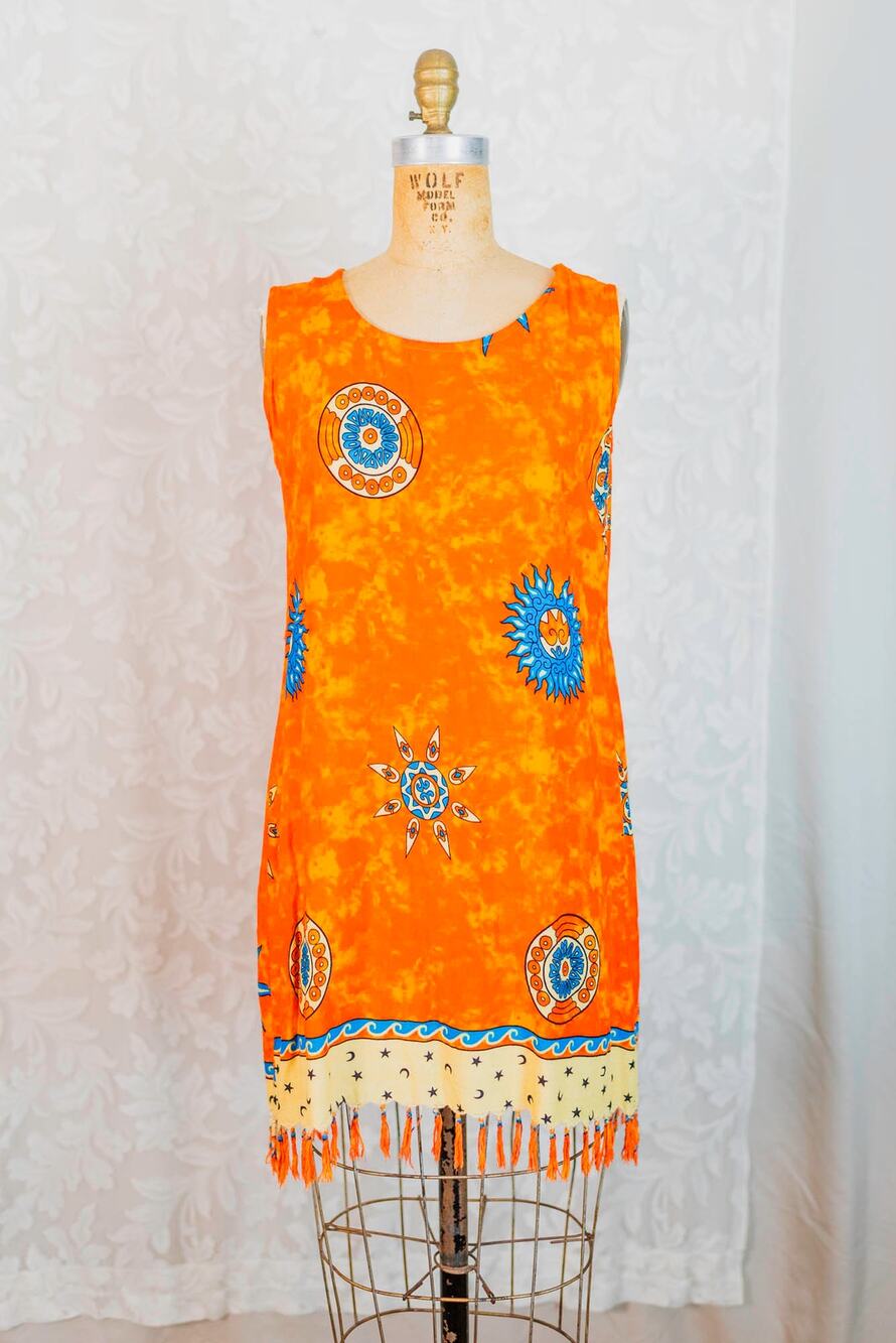 Vintage 90s Celestial Mini Dress Orange Sun Rayon Fringe Resort Pool Cover Up, M